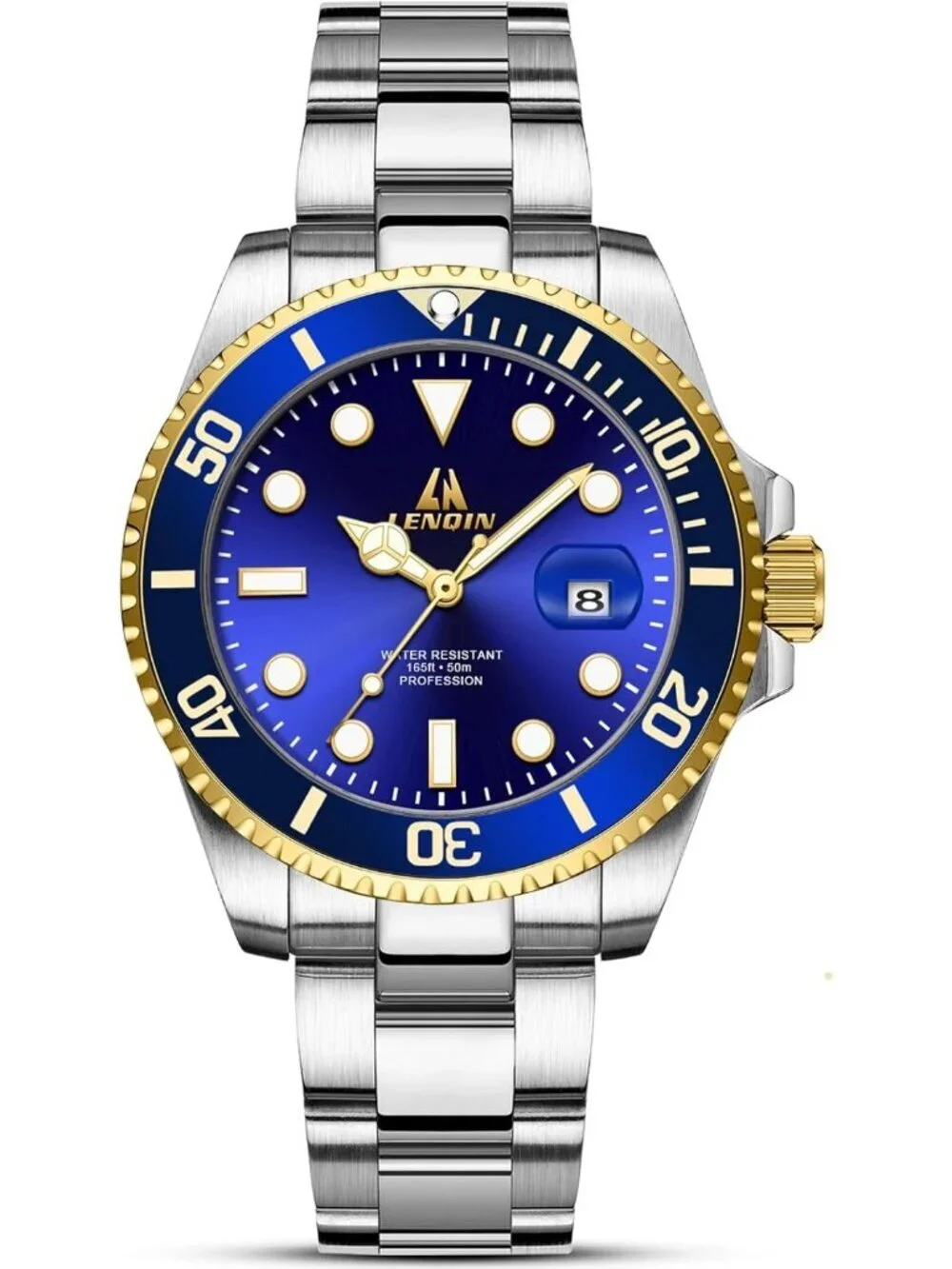 Men's Silver Blue Stainless Steel Analog Quartz Waterproof Luminous Round Watch